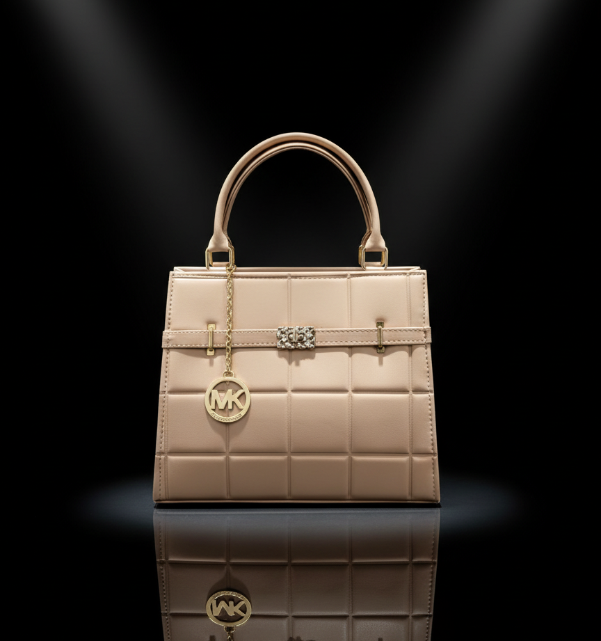 Classic Nude Beige Quilted MK-Style Top-Handle Satchel