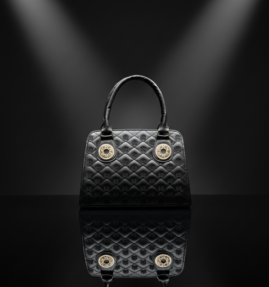 Glamorous Black Quilted Satchel with Ornate Gold Medallions